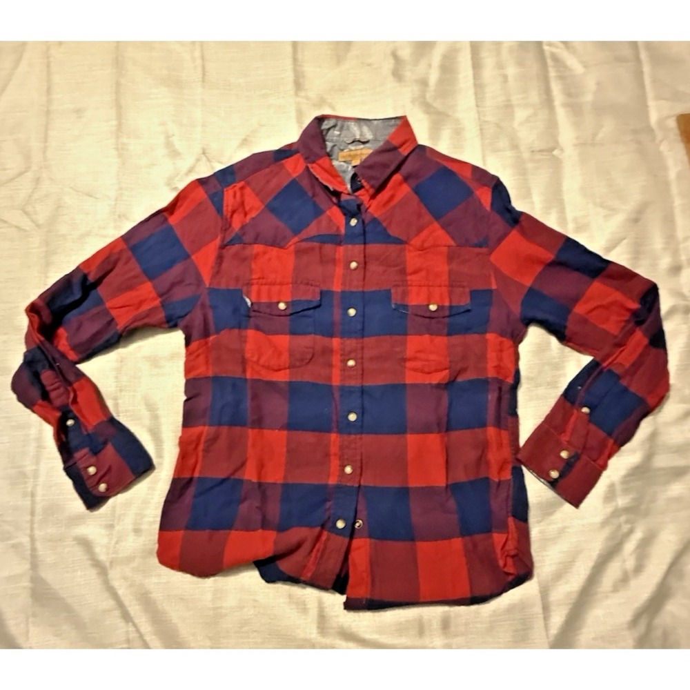 Womens Size Small Jacks Girlfriend Bea Blue Plaid Flannel Snap Button Up Shirt